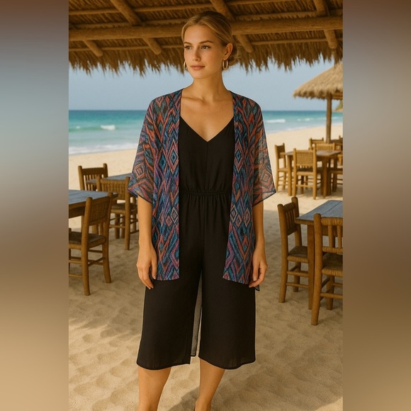 ✨2 PIECE OUTFIT✨ black jumpsuit and NWT sheer boho cardigan - Picture 1 of 6